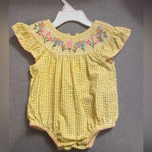 Mudpie Yellow and White Striped Bubble with Floral Smocking-3-6 Months